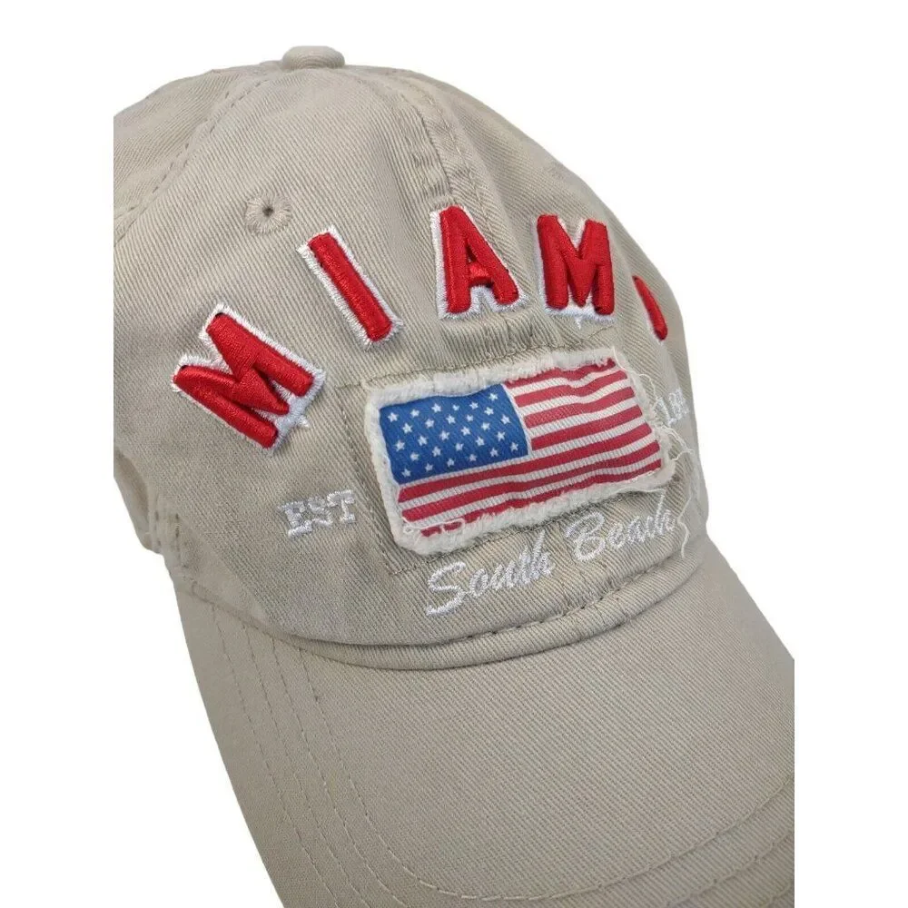 Miami South Beach American Flag Baseball Hat Embroidered Adjustable Khaki RARE!!